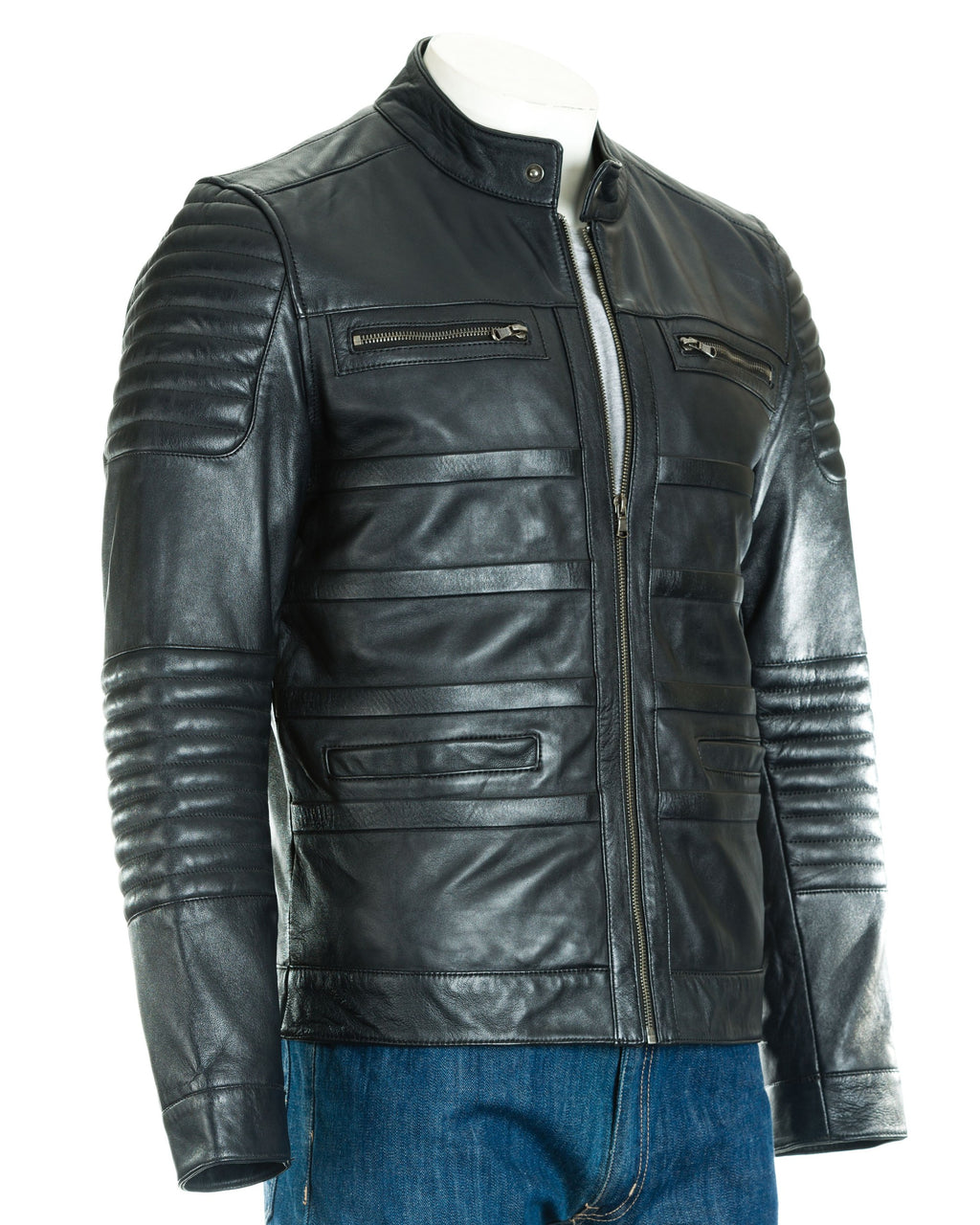 Men's Leather Biker Jacket with Horizontal Banding: Como