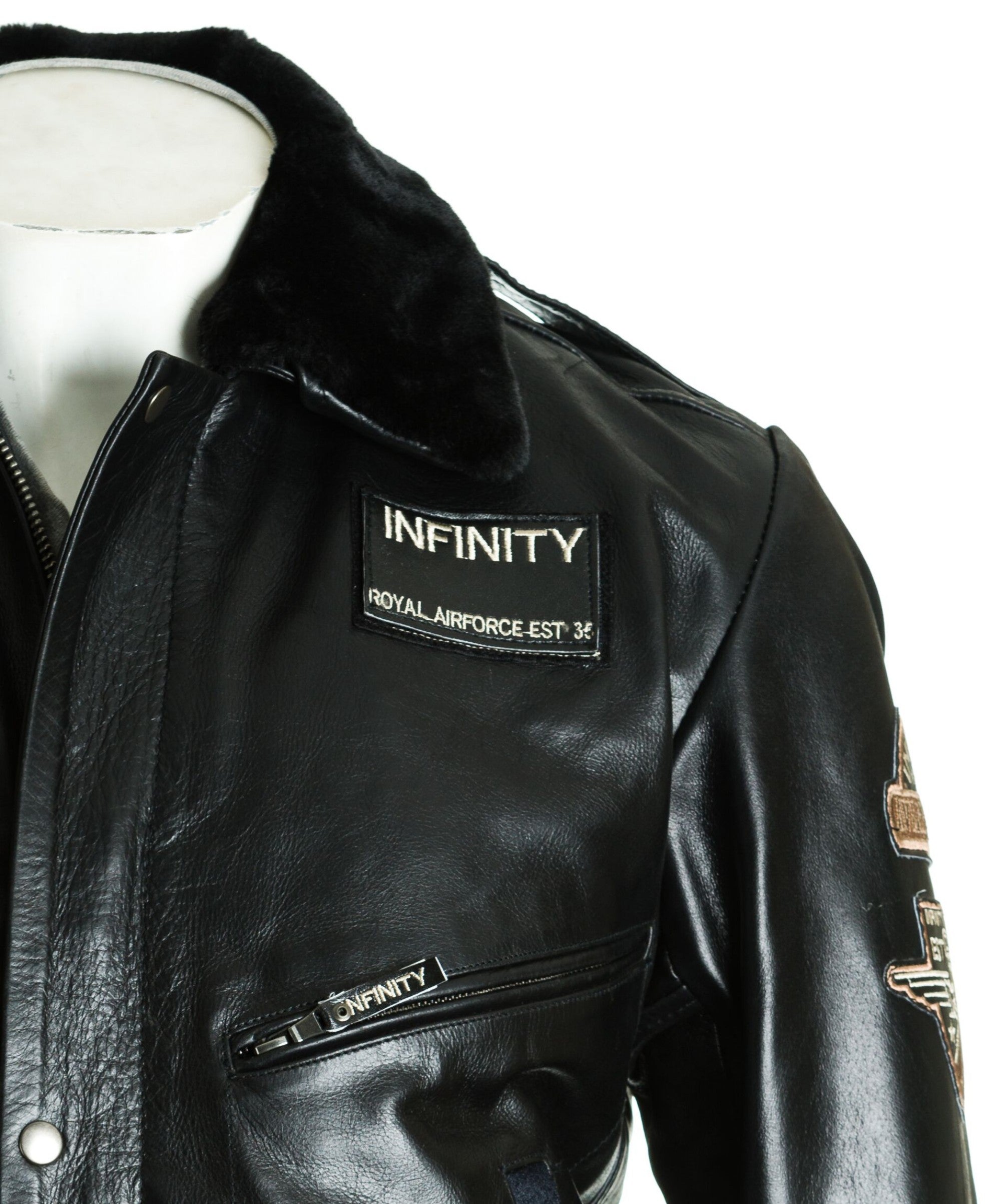 Men's Black Aviator Pilot Flight A2 Style Leather Jacket With Patch Detail And Detachable Faux Fur Collar: Giuseppe