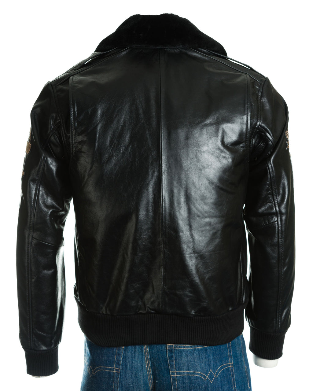 Men's Black Aviator Pilot Flight A2 Style Leather Jacket With Patch Detail And Detachable Faux Fur Collar: Giuseppe