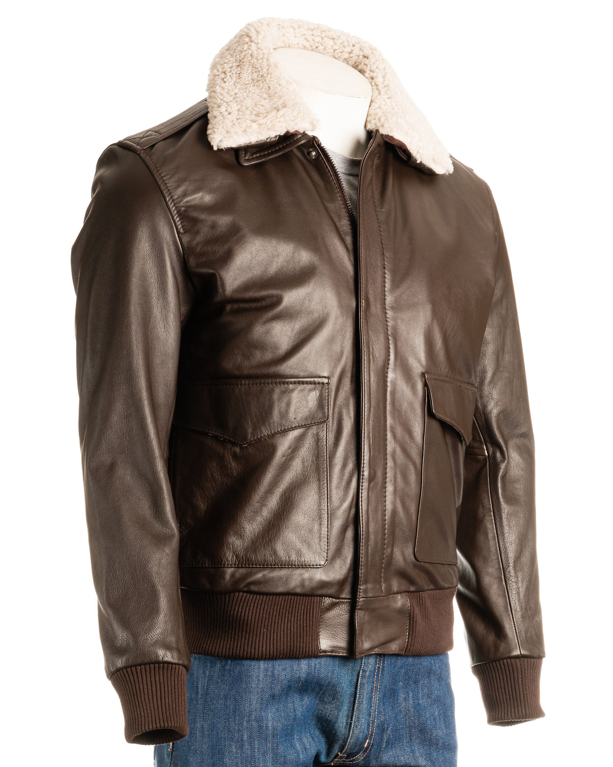 Men's Brown Aviator Pilot Flight A2 Style Leather Jacket with Detachable Real Sheepskin Collar: Maurizio