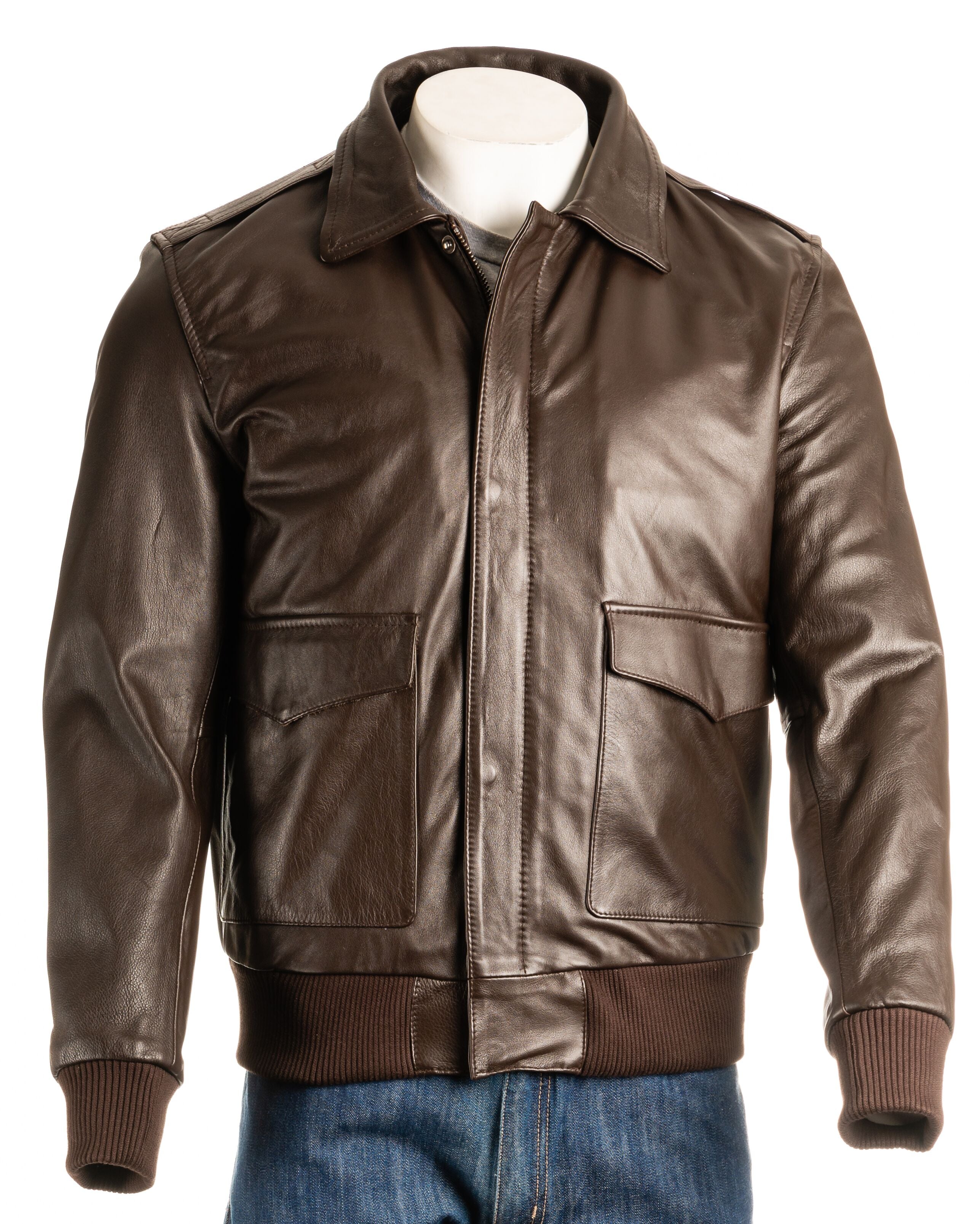 Men's Brown Aviator Pilot Flight A2 Style Leather Jacket with Detachable Real Sheepskin Collar: Maurizio