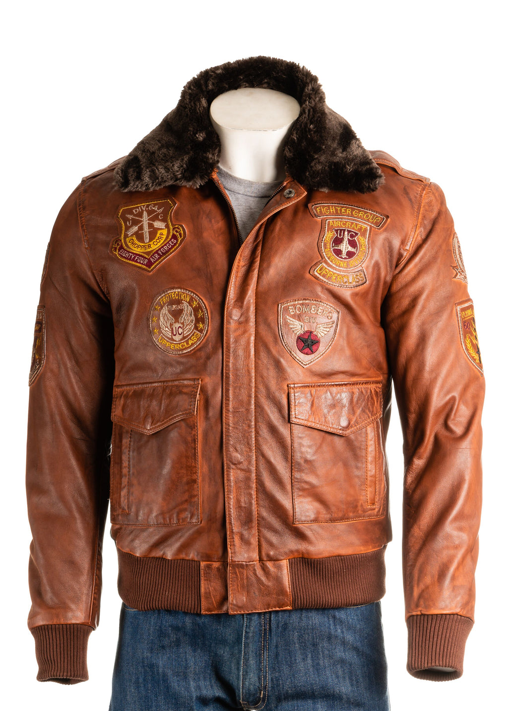 Men's Aviator Pilot Flight A2 Style Leather Jacket With Patch Detail Detachable Faux Fur Collar: Salvatore