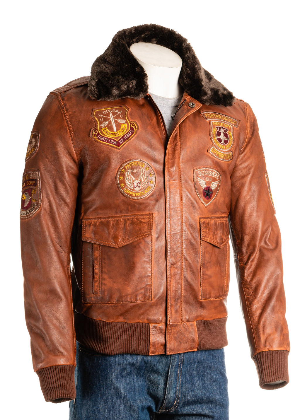 Men's Aviator Pilot Flight A2 Style Leather Jacket With Patch Detail Detachable Faux Fur Collar: Salvatore