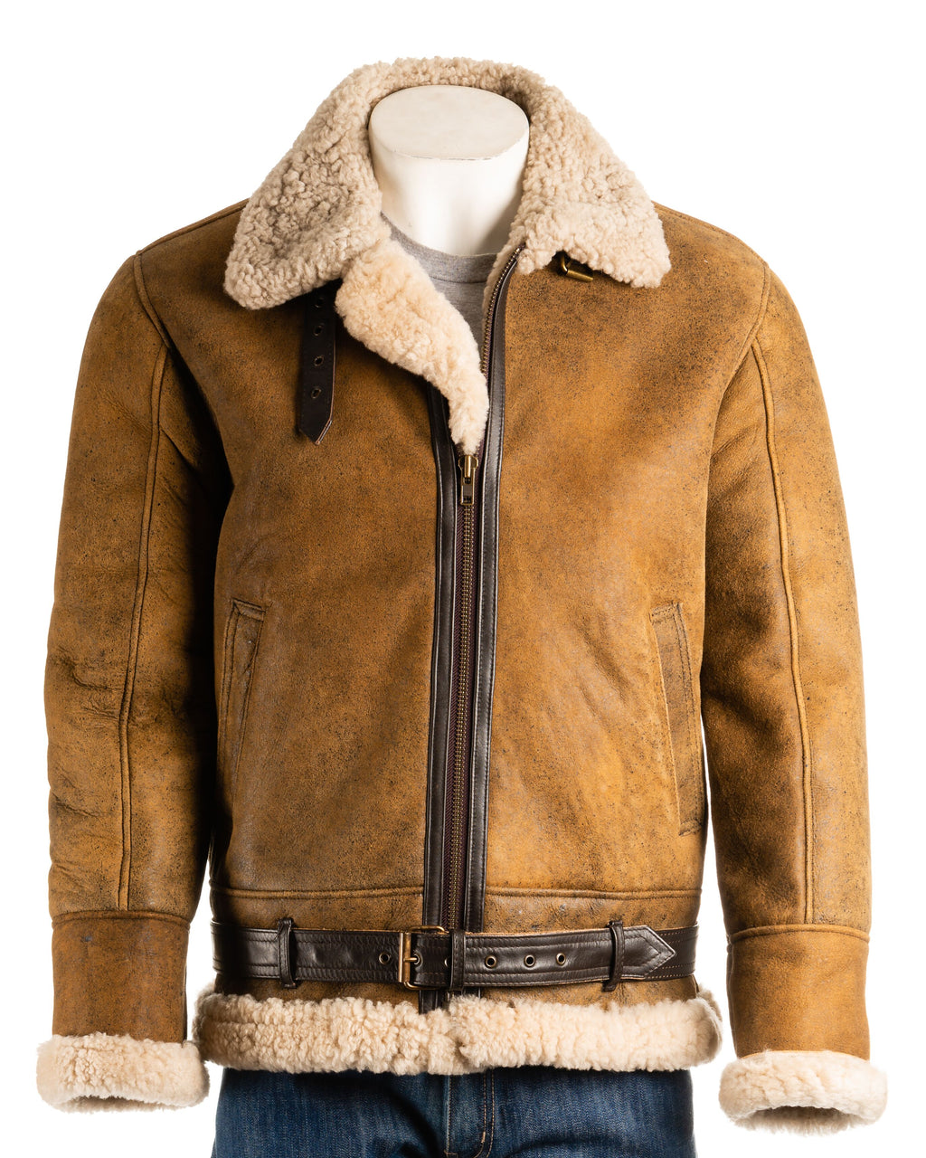 Men's Antique Tan Aviator Belted Sheepskin Shearling Jacket: Luis