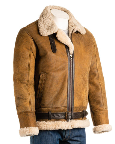 Men's Antique Tan Aviator Belted Sheepskin Shearling Jacket: Luis