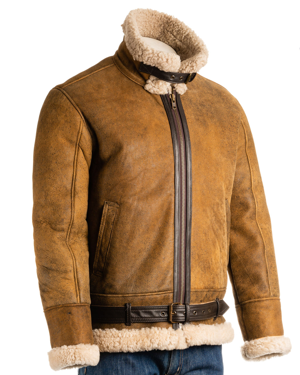 Men's Antique Tan Aviator Belted Sheepskin Shearling Jacket: Luis