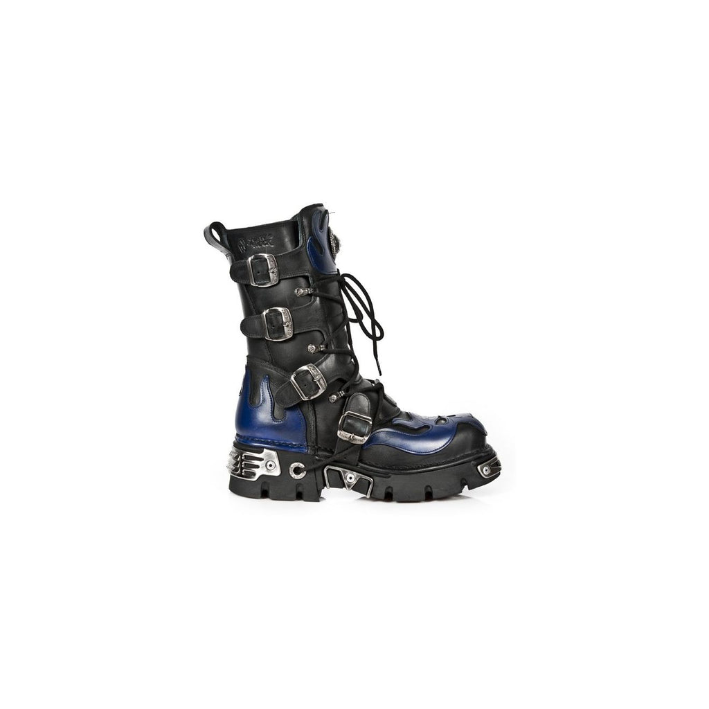 NEW ROCK - 107-C5 Blue Flame Skull Lace Up Boots