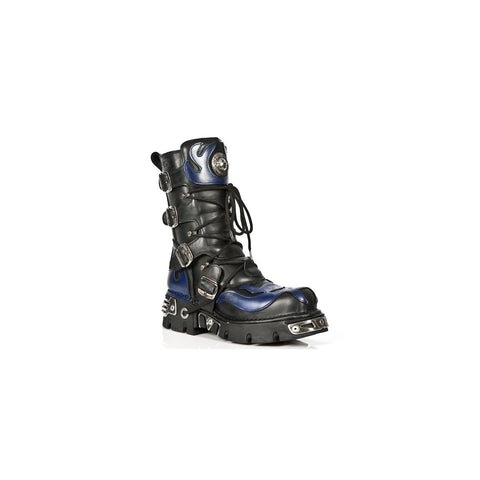 NEW ROCK - 107-C5 Blue Flame Skull Lace Up Boots