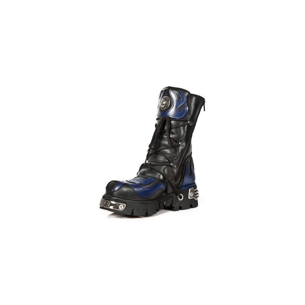 NEW ROCK - 107-C5 Blue Flame Skull Lace Up Boots