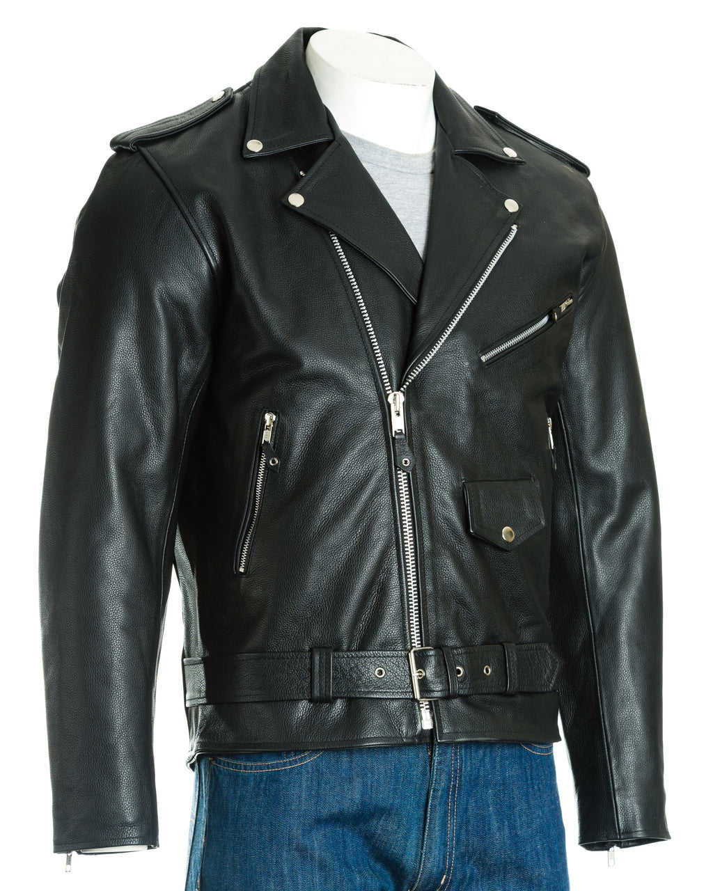 Men's Black Classic Brando Biker Style Cow Hide Leather Jacket: Jose