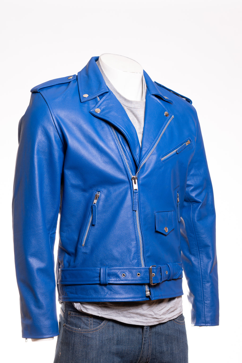 Men's Royal Blue Classic Brando Biker Style Cow Hide Leather Jacket: Jose