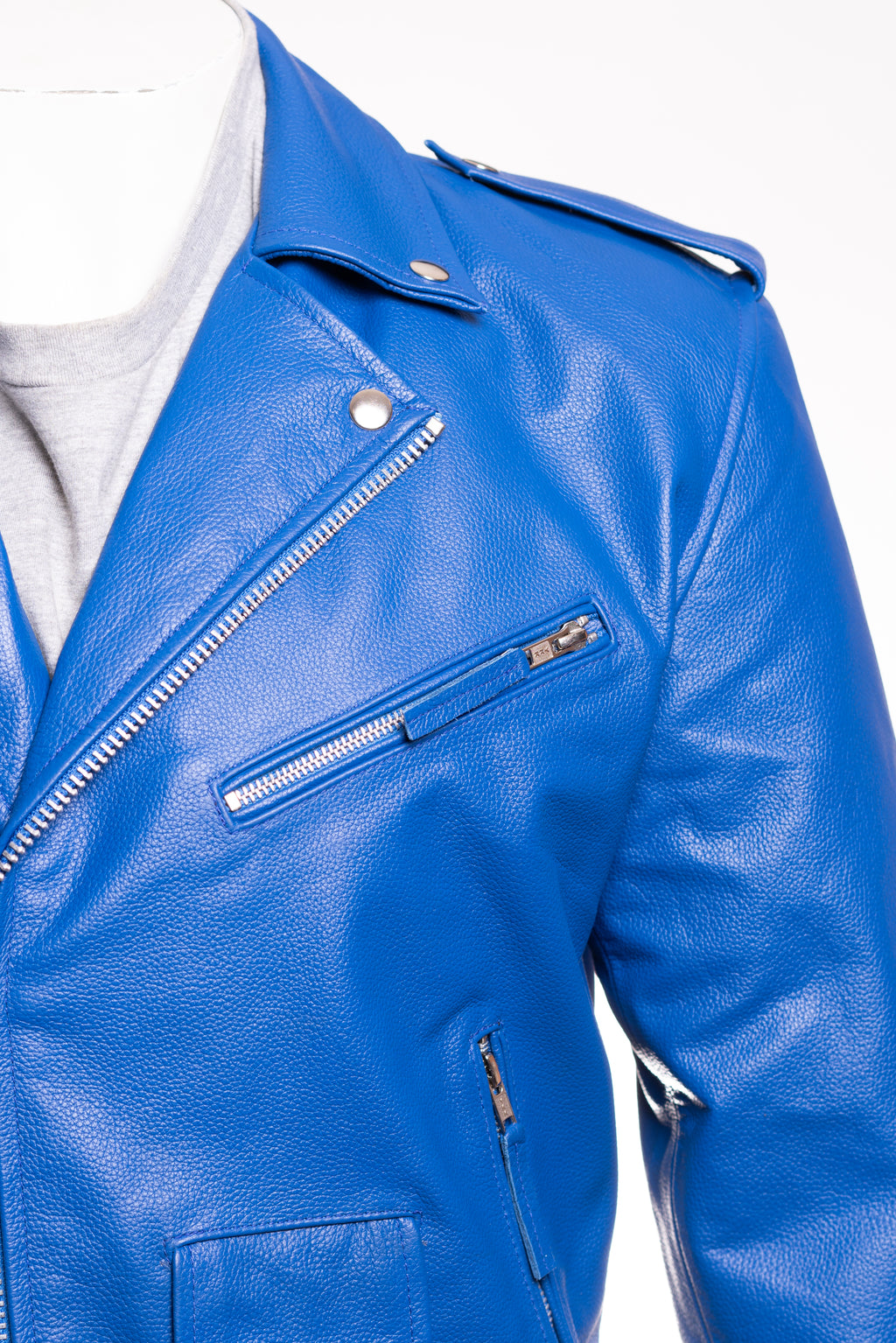Men's Royal Blue Classic Brando Biker Style Cow Hide Leather Jacket: Jose