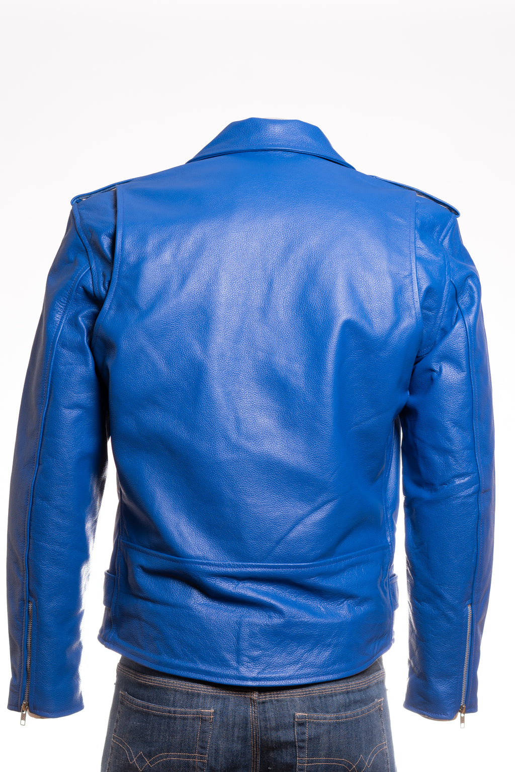 Men's Royal Blue Classic Brando Biker Style Cow Hide Leather Jacket: Jose