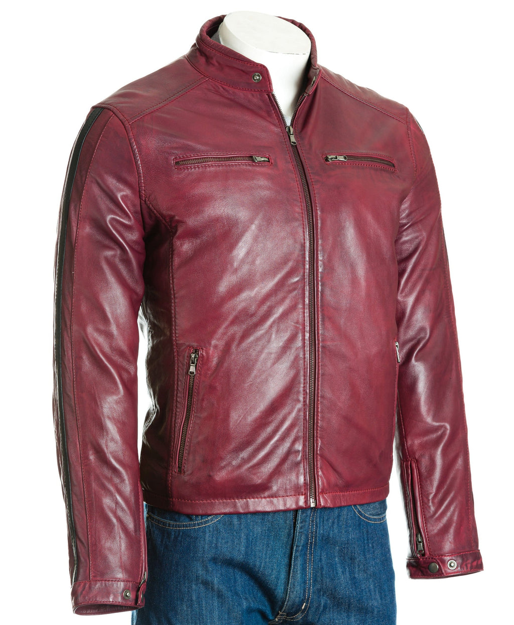 Men's Pepsi Red Tab Collar Leather Biker Jacket with Contrast Stripe Detail: Gavino
