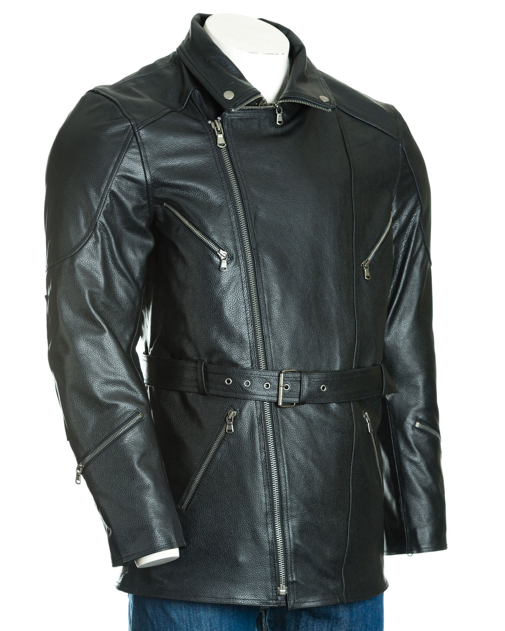 Men's Black Belted Soft Cow Hide Armoured Motorbike Coat: Rocco