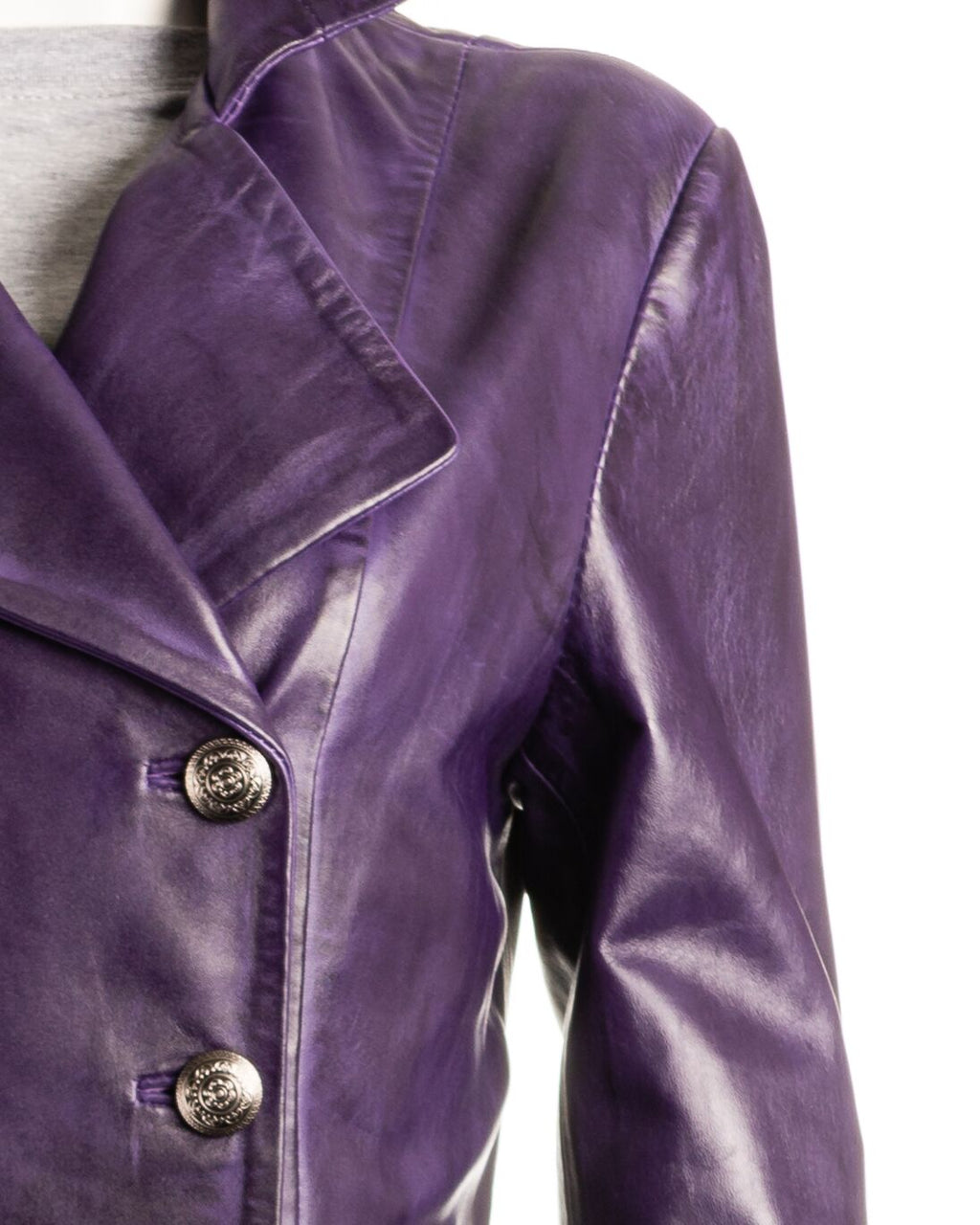 Ladies Purple Leather Dip Hem Double Breasted Edwardian Military Style 3/4 Coat: Alessia