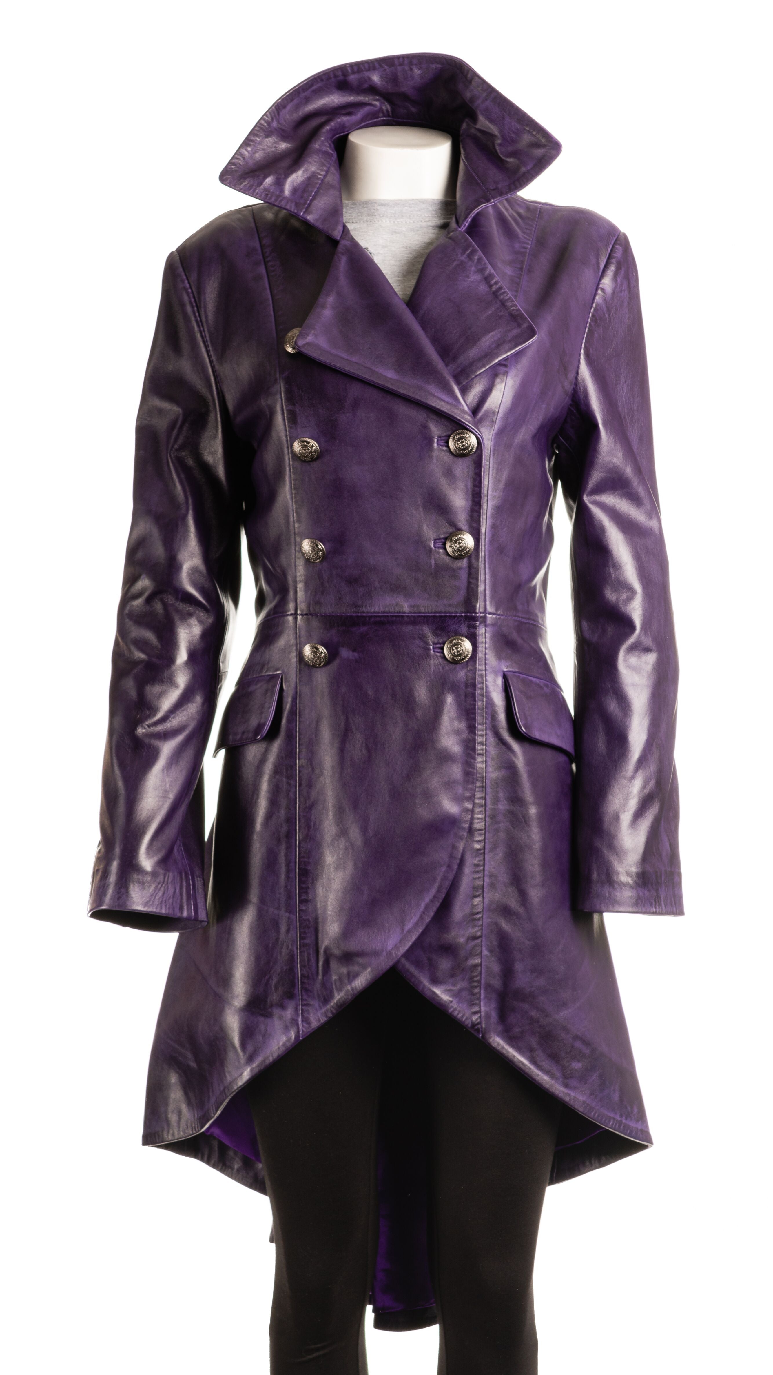 Ladies Purple Leather Dip Hem Double Breasted Edwardian Military Style 3/4 Coat: Alessia PURPLE 10