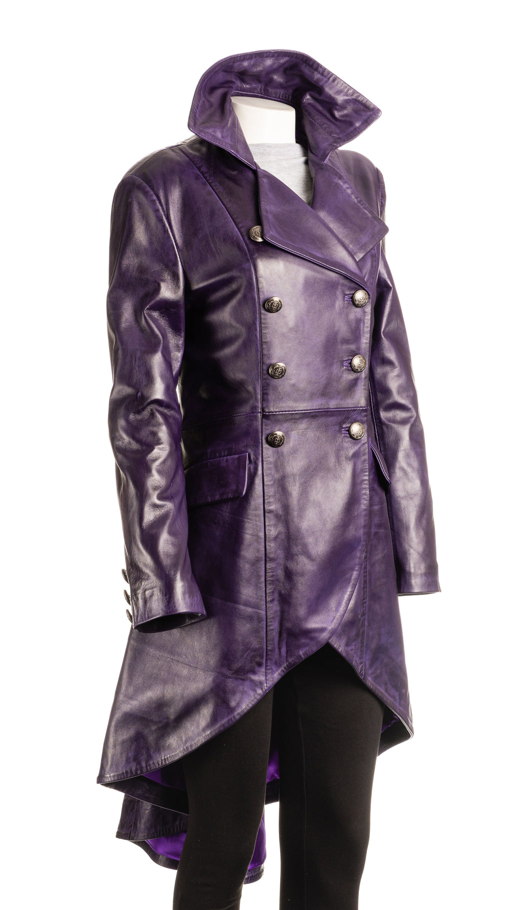 Ladies Purple Leather Dip Hem Double Breasted Edwardian Military Style 3/4 Coat: Alessia