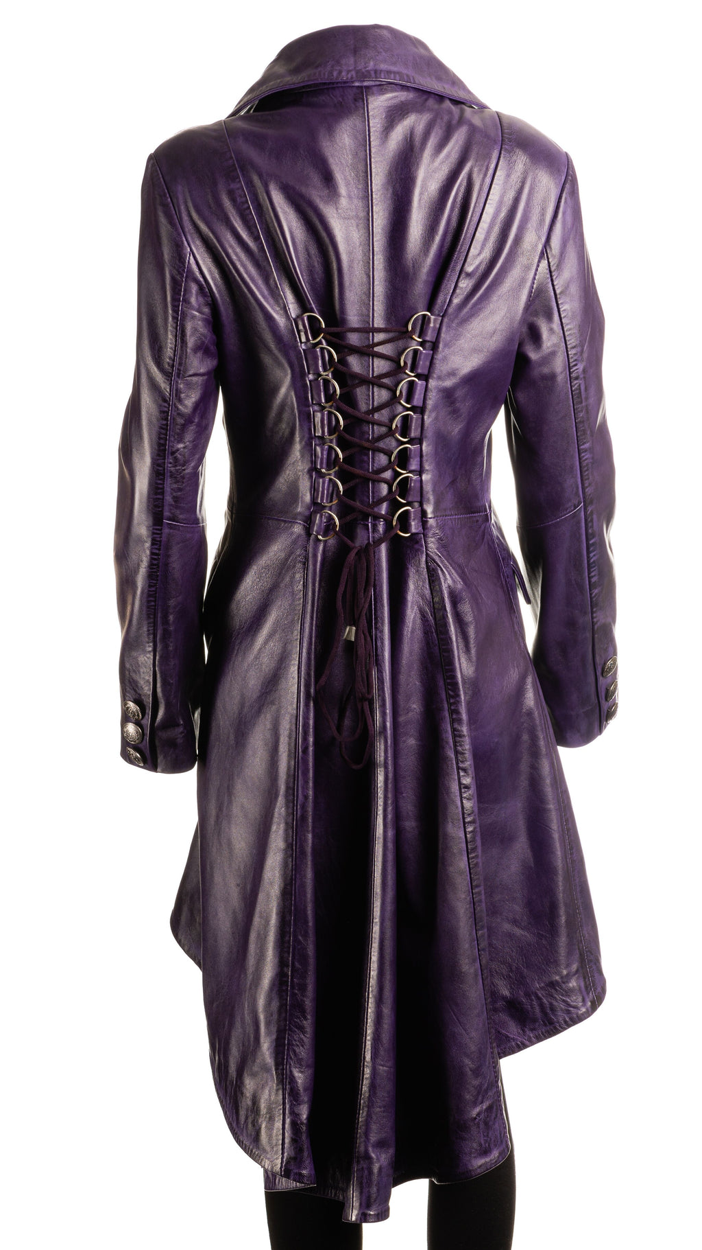 Ladies Purple Leather Dip Hem Double Breasted Edwardian Military Style 3/4 Coat: Alessia