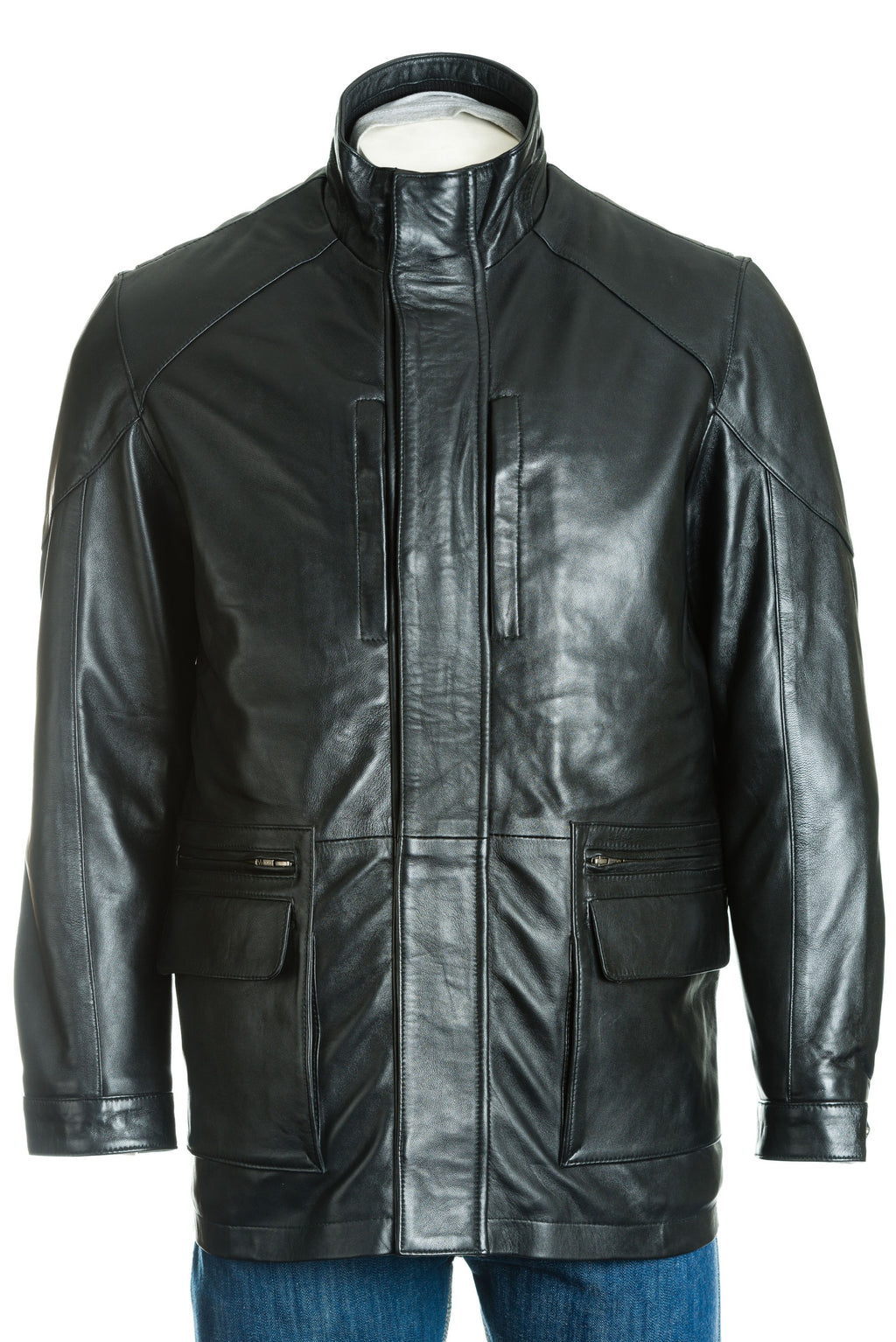 Men's Black Stand Up Collar Leather Coat: Filberte
