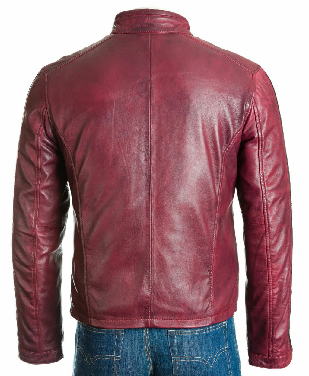 Men's Pepsi Red Tab Collar Leather Biker Jacket with Contrast Stripe Detail: Gavino