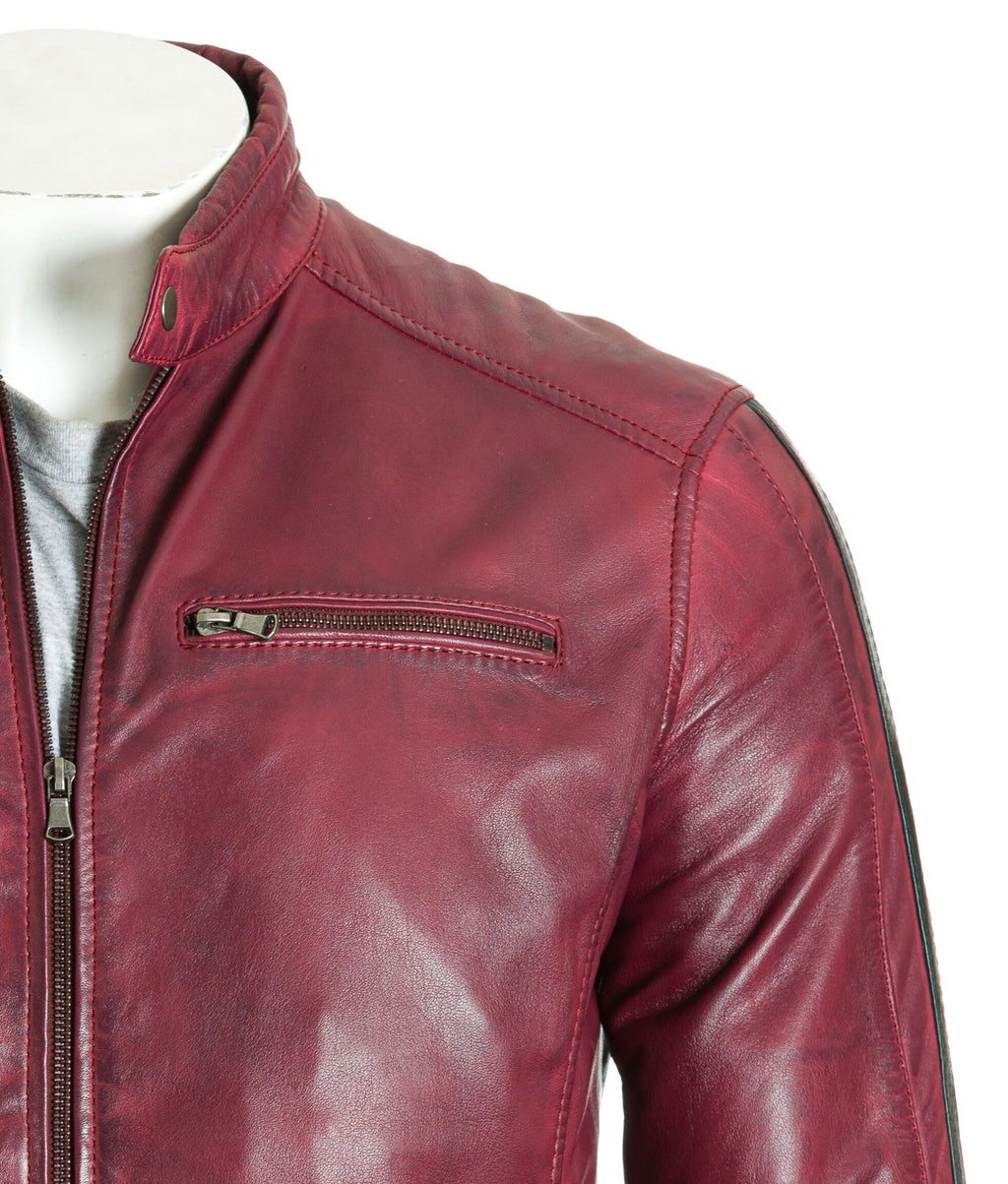 Men's Pepsi Red Tab Collar Leather Biker Jacket with Contrast Stripe Detail: Gavino