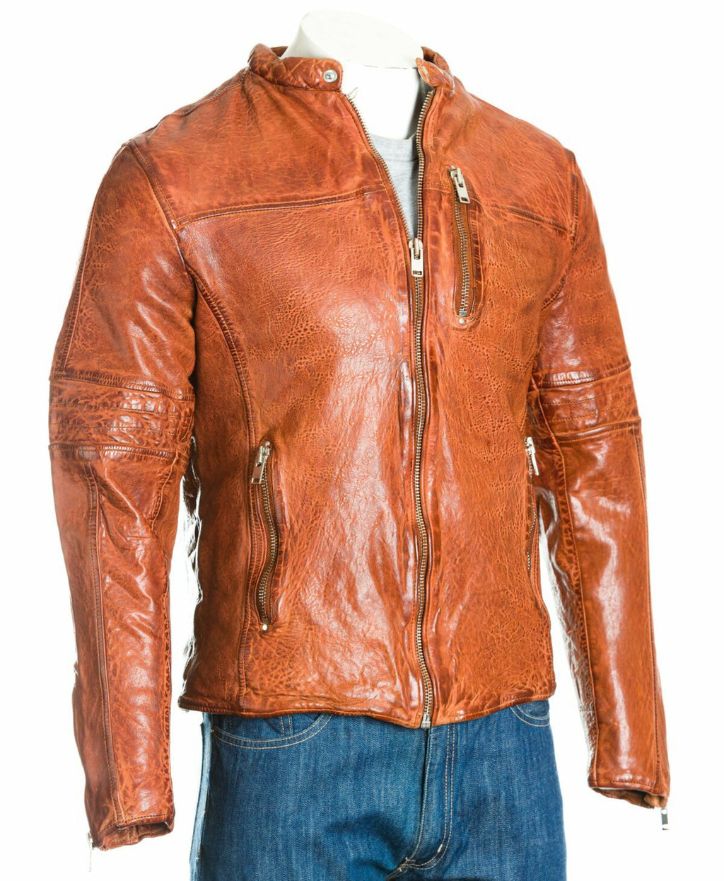 Men's Tan Hi-Shine Collarless Biker Jacket: Gino