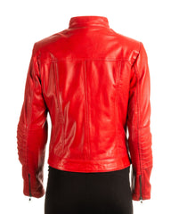Ladies Red Pleated Front Biker Style Leather Jacket: Gloria