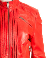 Ladies Red Pleated Front Biker Style Leather Jacket: Gloria