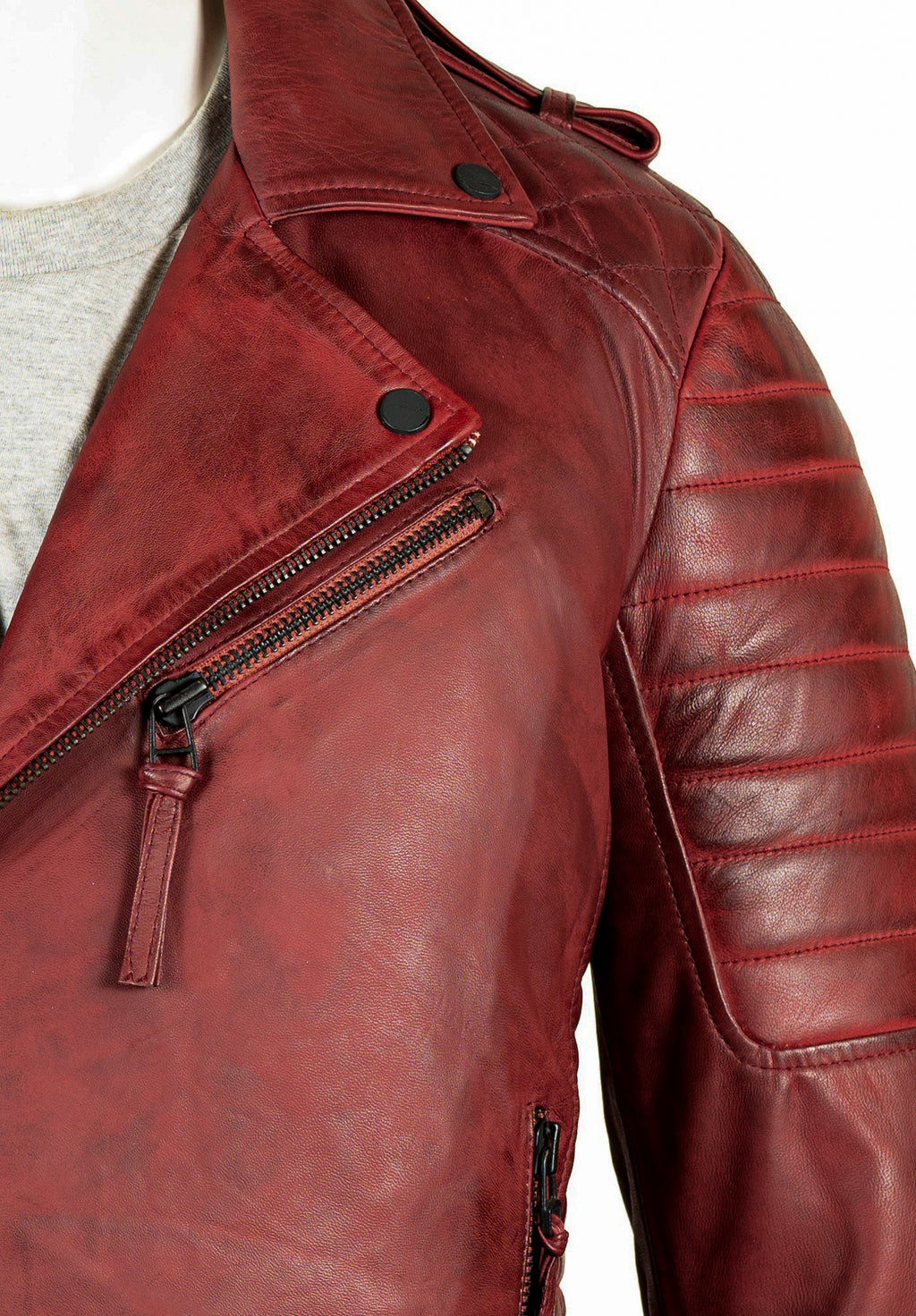 Men's Antique Burgundy Diamond Stitch Biker Style Leather Jacket: Burton