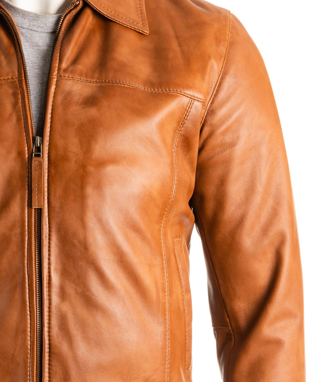 Men's Antique Cognac Harrington Style Bomber Leather Jacket: Matias
