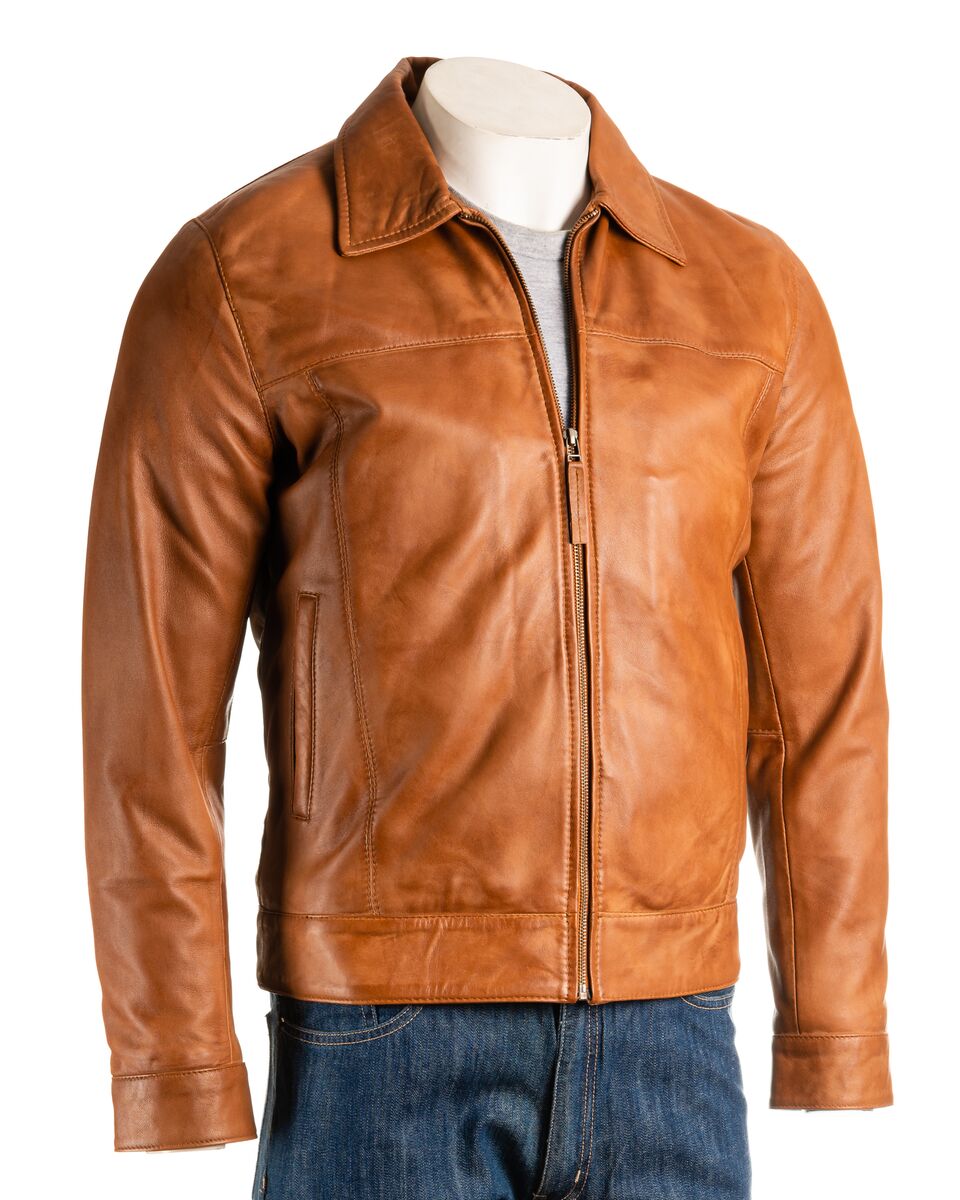 Men's Antique Cognac Harrington Style Bomber Leather Jacket: Matias