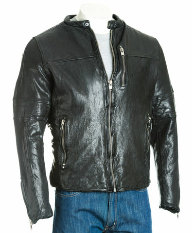 Men's Black Hi-Shine Collarless Biker Jacket: Gino