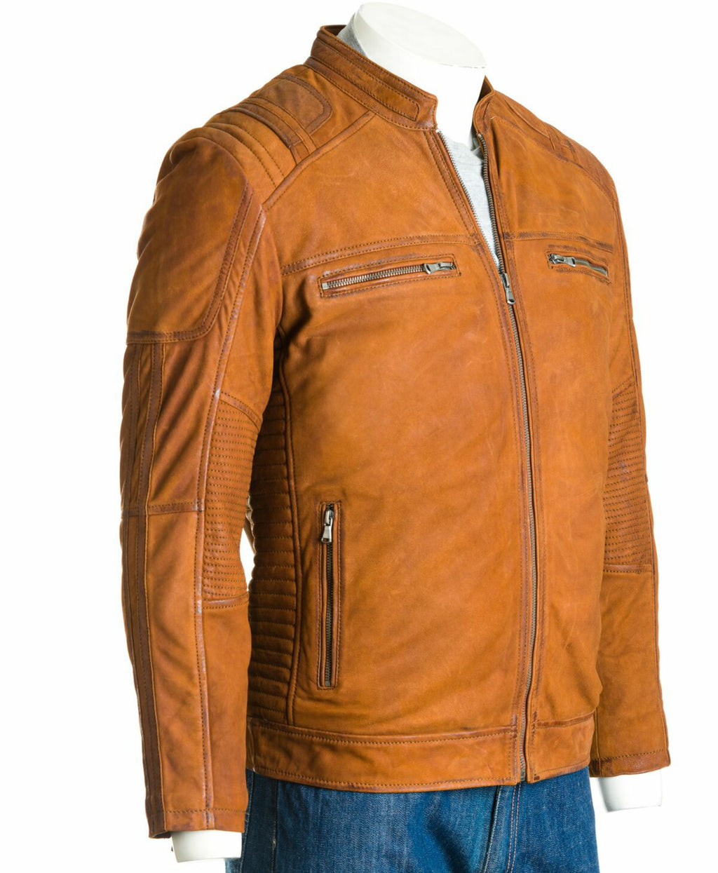 Men's Cognac Nubuck Biker Jacket: Salvio