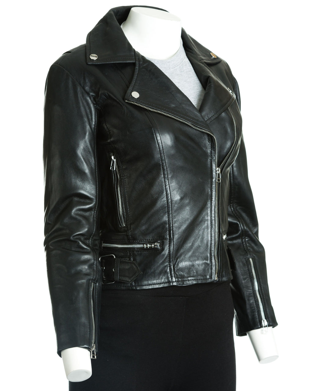 Women's Black Asymmetric Leather Biker Jacket: Assisi