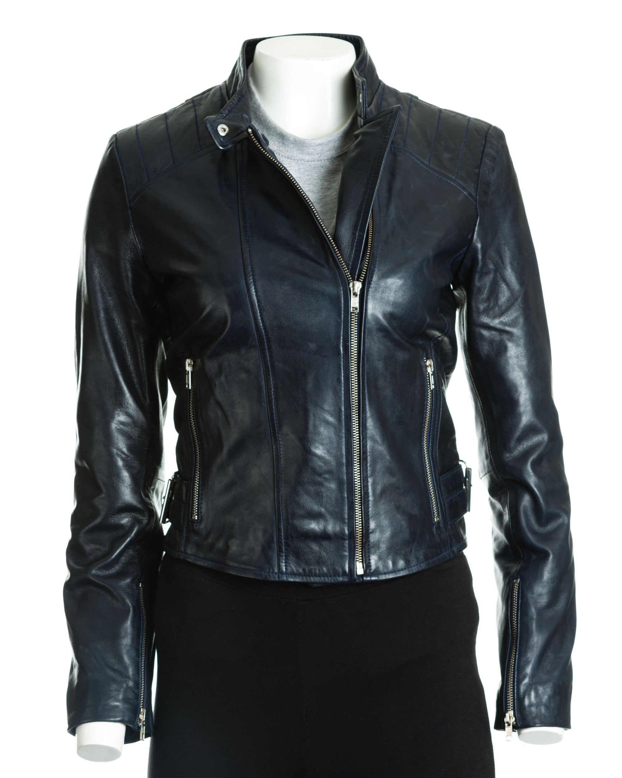 Women's Leather Tab Collar Biker Jacket: Zeta