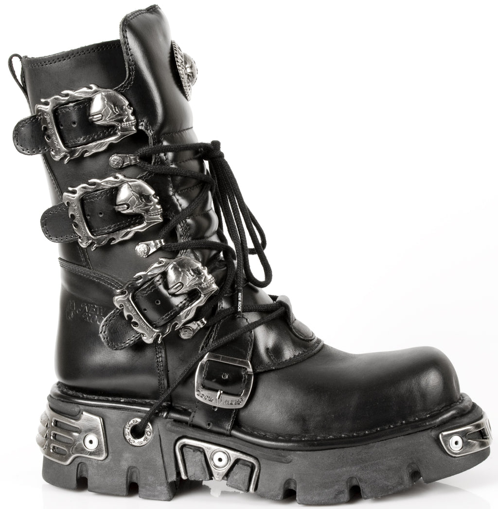 NEW ROCK - M-391-S1 Black SkullBuckled Lace Up Boots
