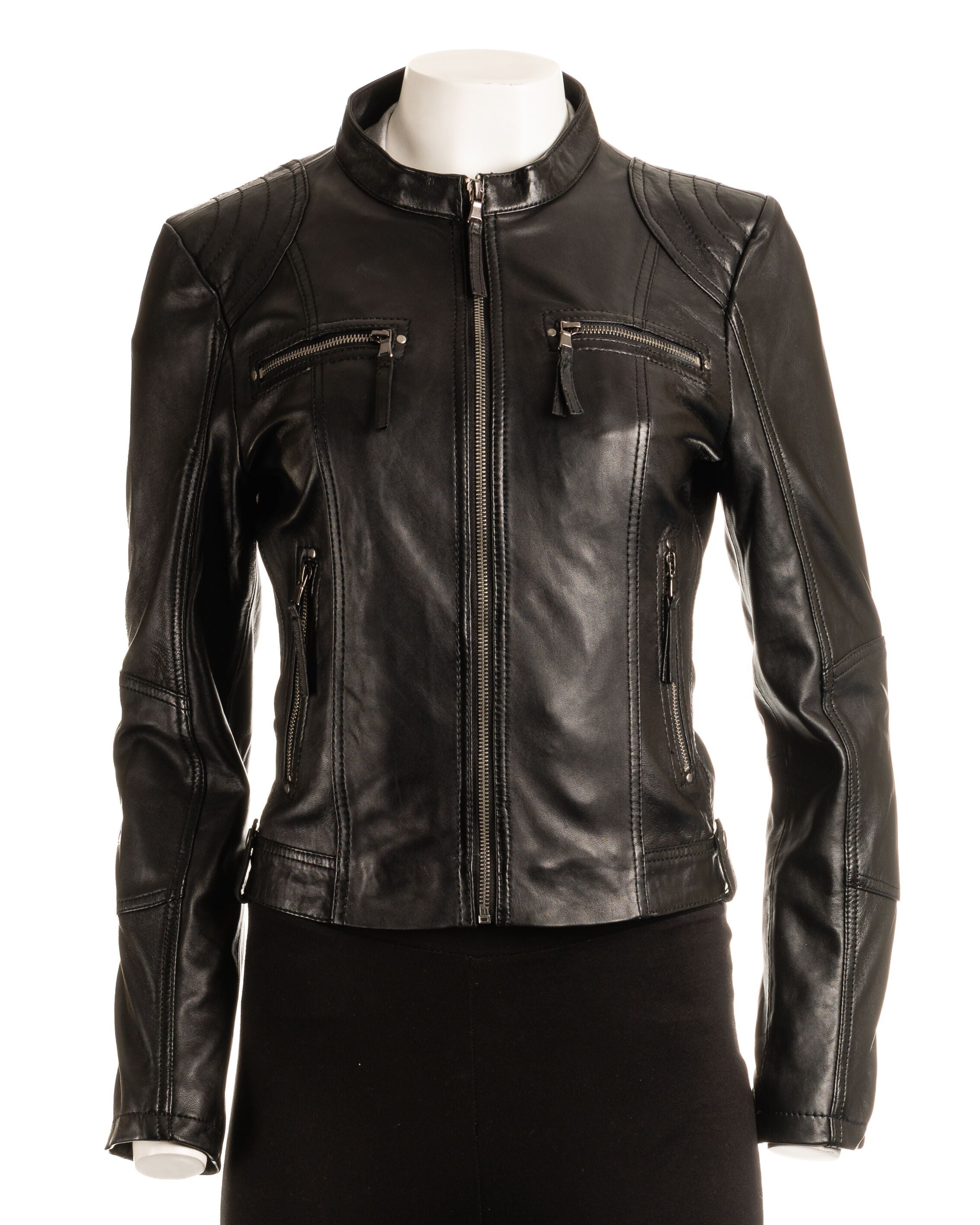 Ladies Taupe Biker Style Leather Jacket: Greta