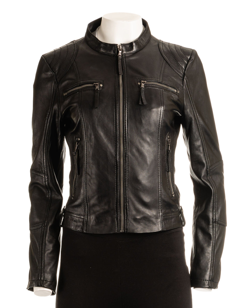 Ladies Taupe Biker Style Leather Jacket: Greta