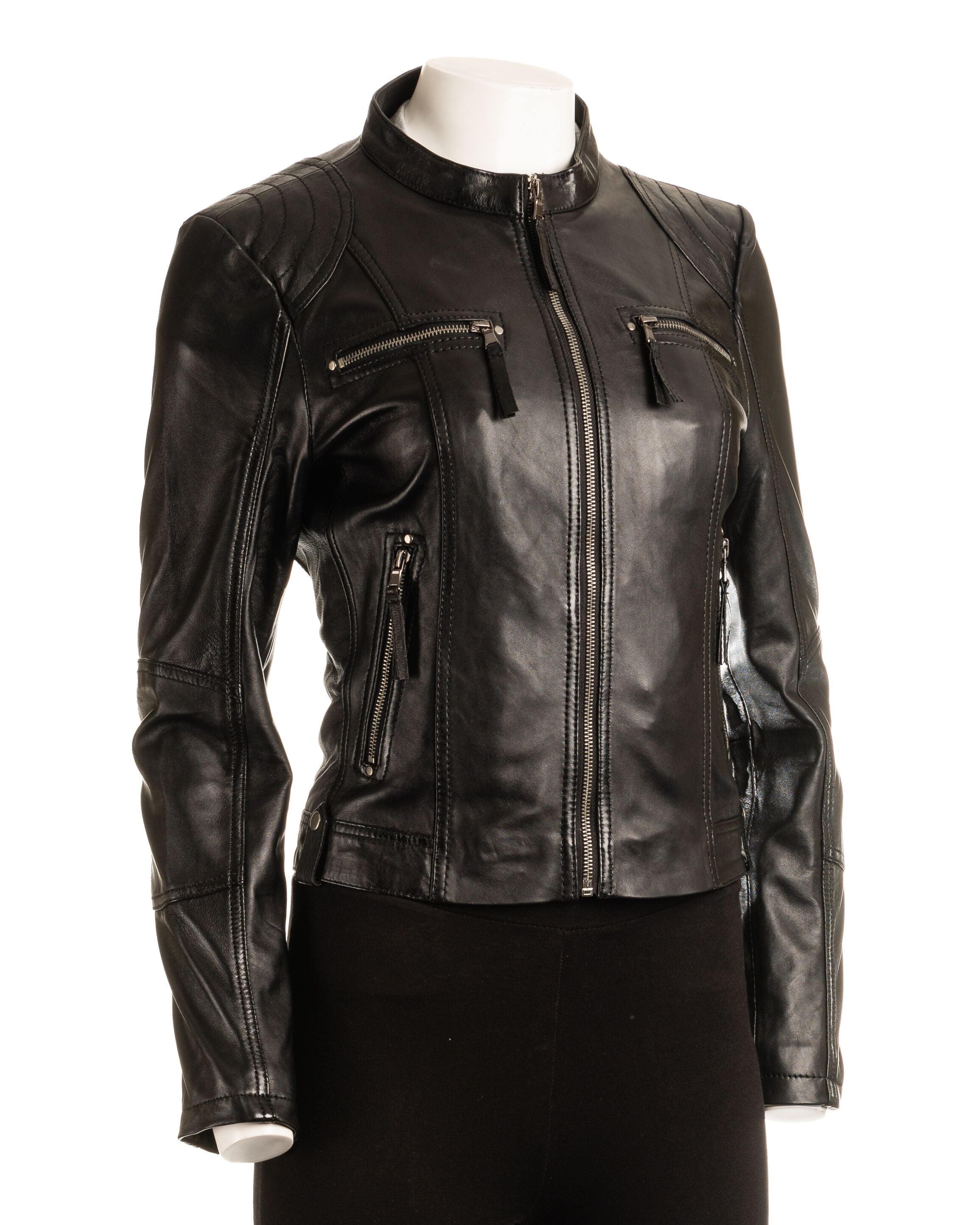 Ladies Taupe Biker Style Leather Jacket: Greta