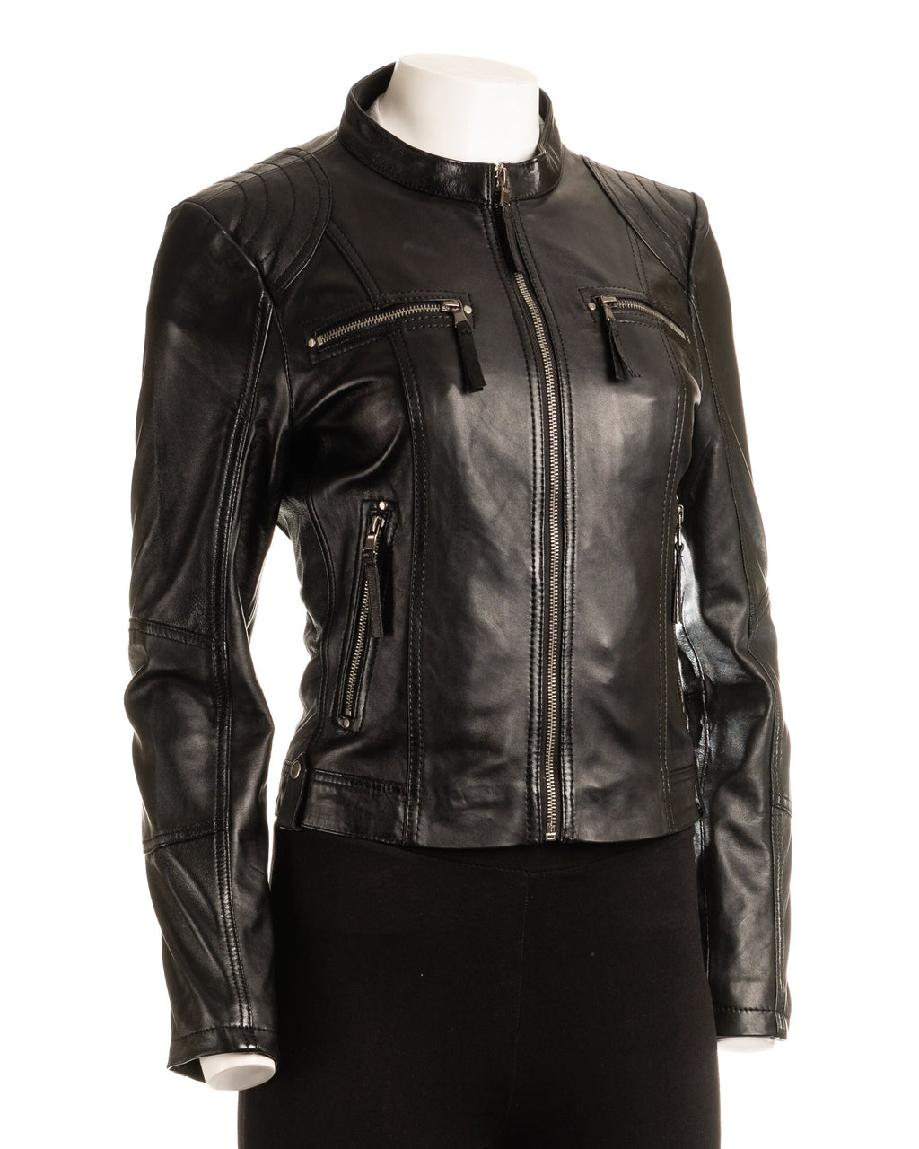 Ladies Taupe Biker Style Leather Jacket: Greta