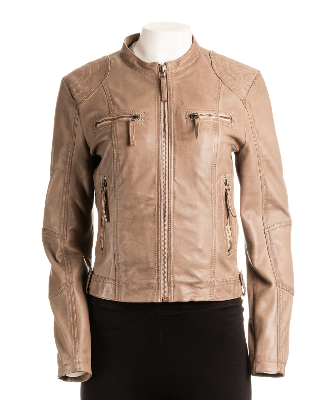 Ladies Taupe Biker Style Leather Jacket: Greta