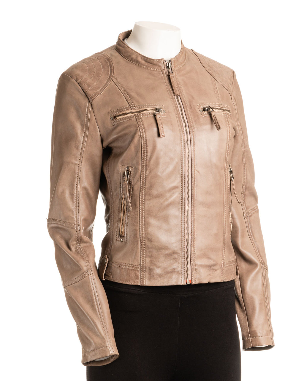 Ladies Taupe Biker Style Leather Jacket: Greta