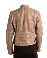 Ladies Taupe Biker Style Leather Jacket: Greta
