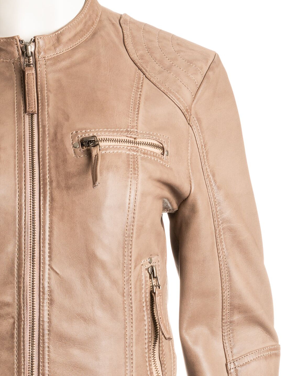 Ladies Taupe Biker Style Leather Jacket: Greta