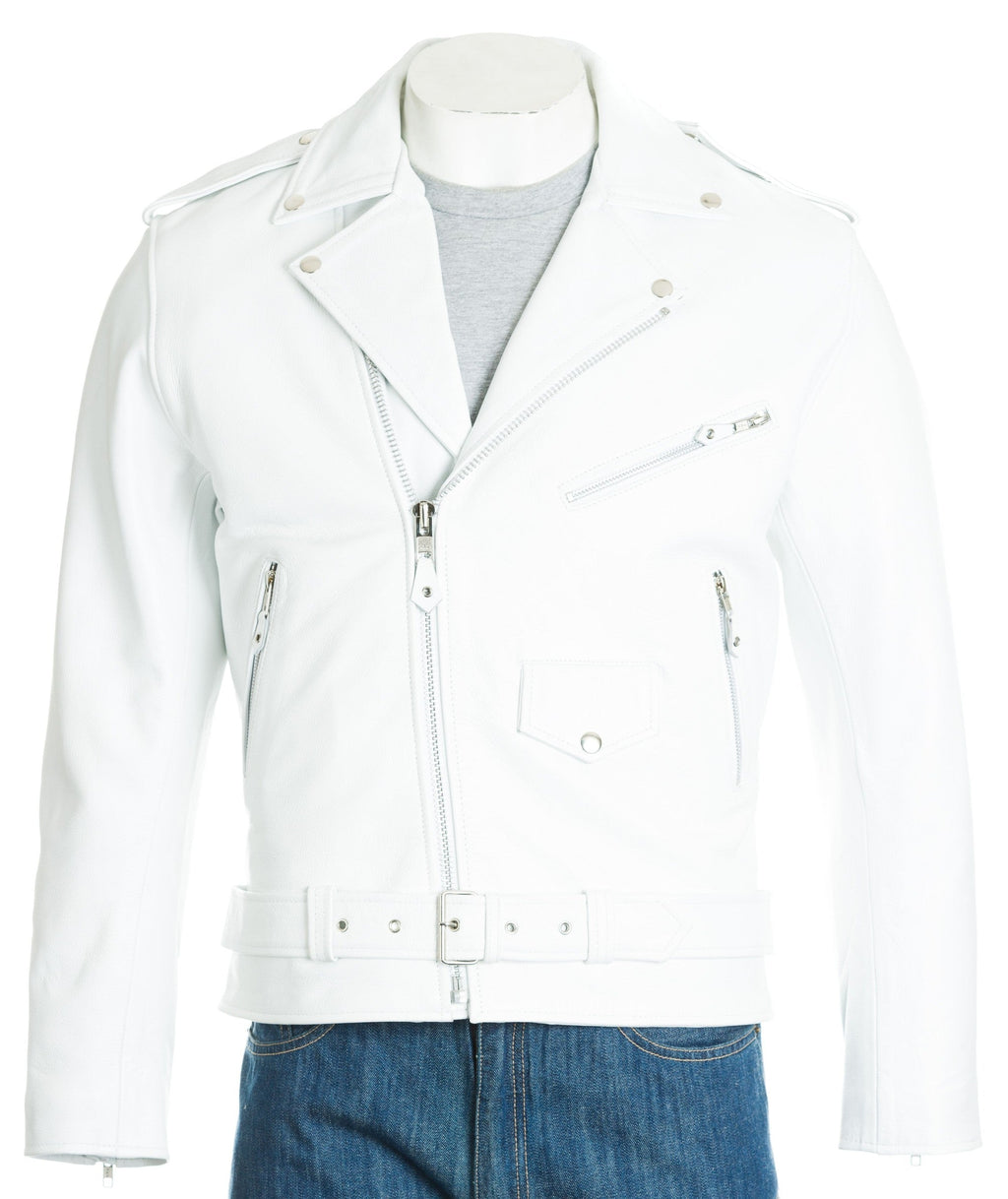 Men's White Classic Brando Biker Style Cow Hide Leather Jacket: Jose