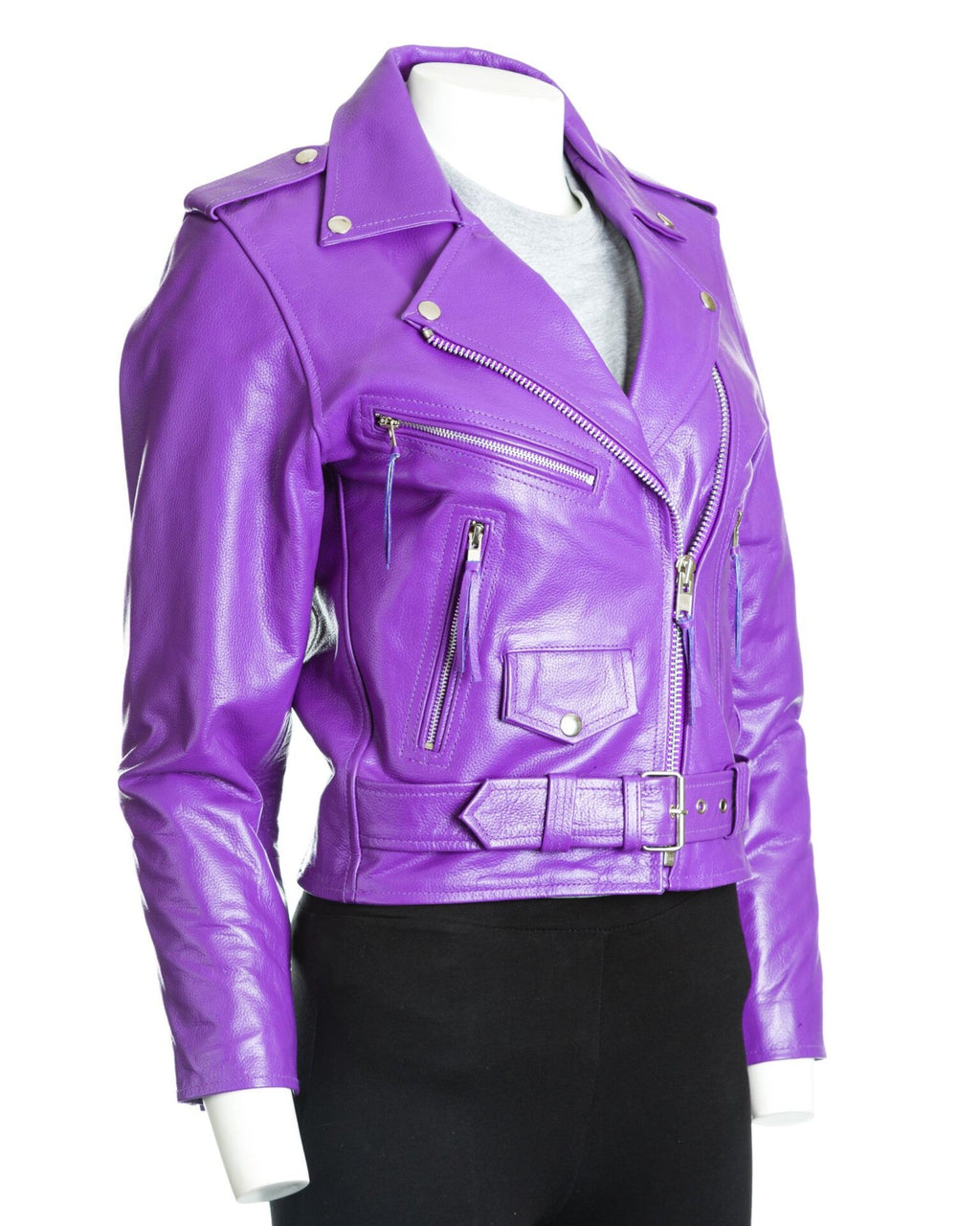 Women's Purple Classic Brando Biker Style Cow Hide Leather Jacket: Gemma