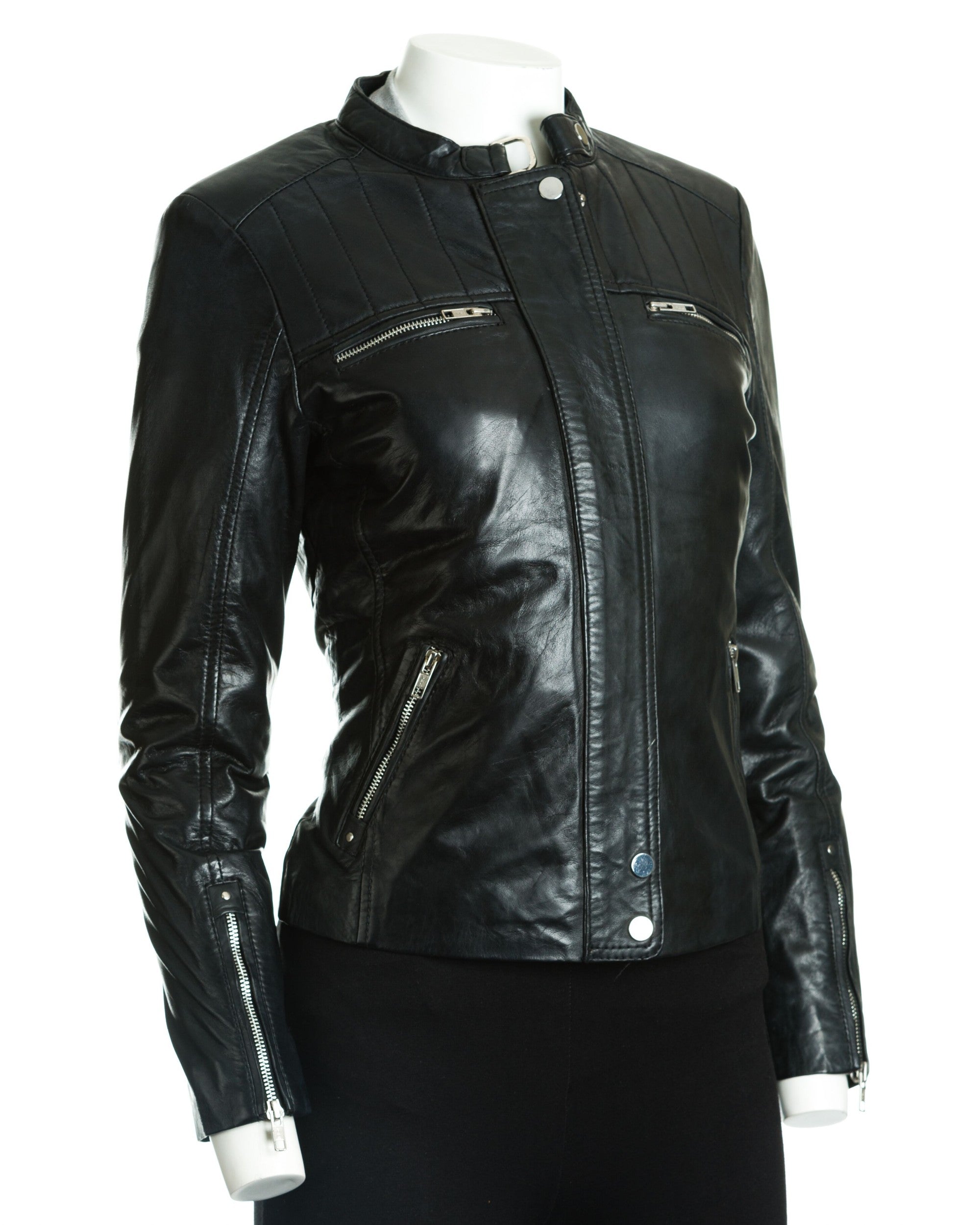 Women's Leather Biker Jacket with Stitch Detail: Zeta