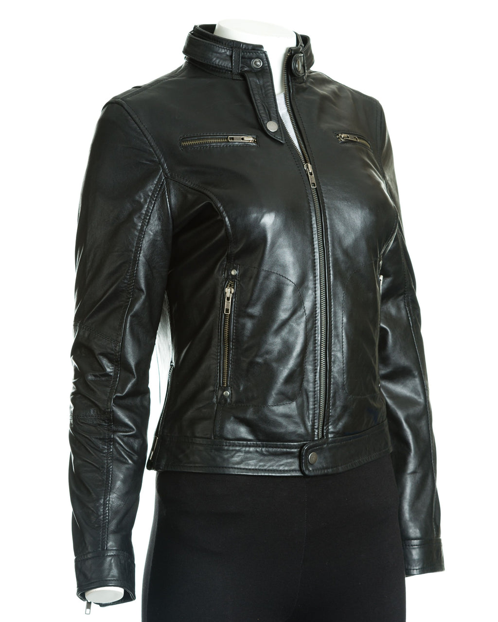 Women's Fitted Leather Biker Jacket With Tab Collar: Aria