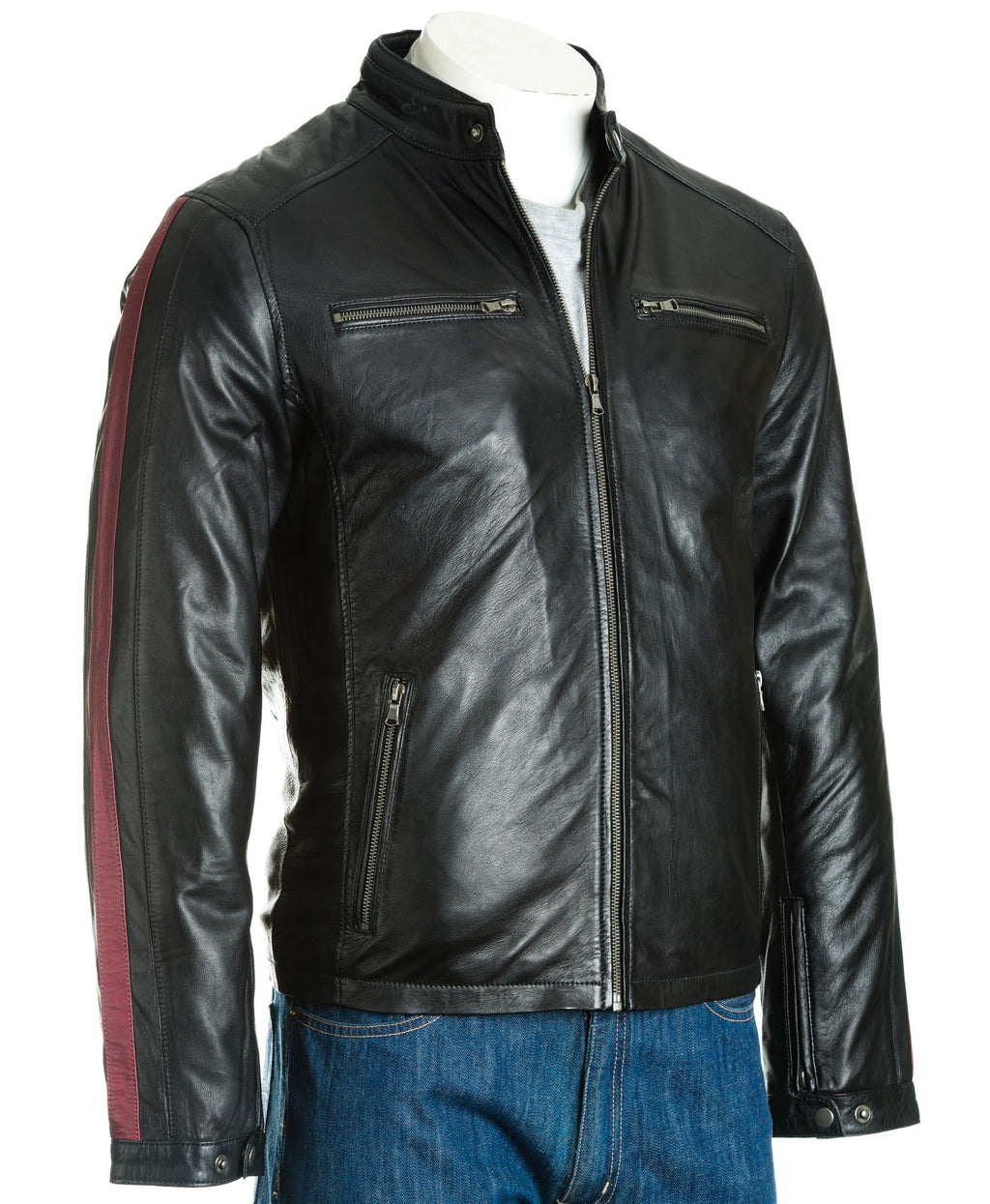 Men's Black Tab Collar Leather Biker Jacket with Contrast Stripe Detail: Gavino
